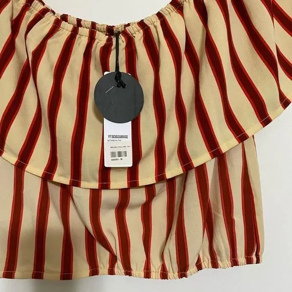 NWT Amuse Society Between The Lines Size M Off the Shoulder Red/Cream Crop Top - Picture 3 of 7